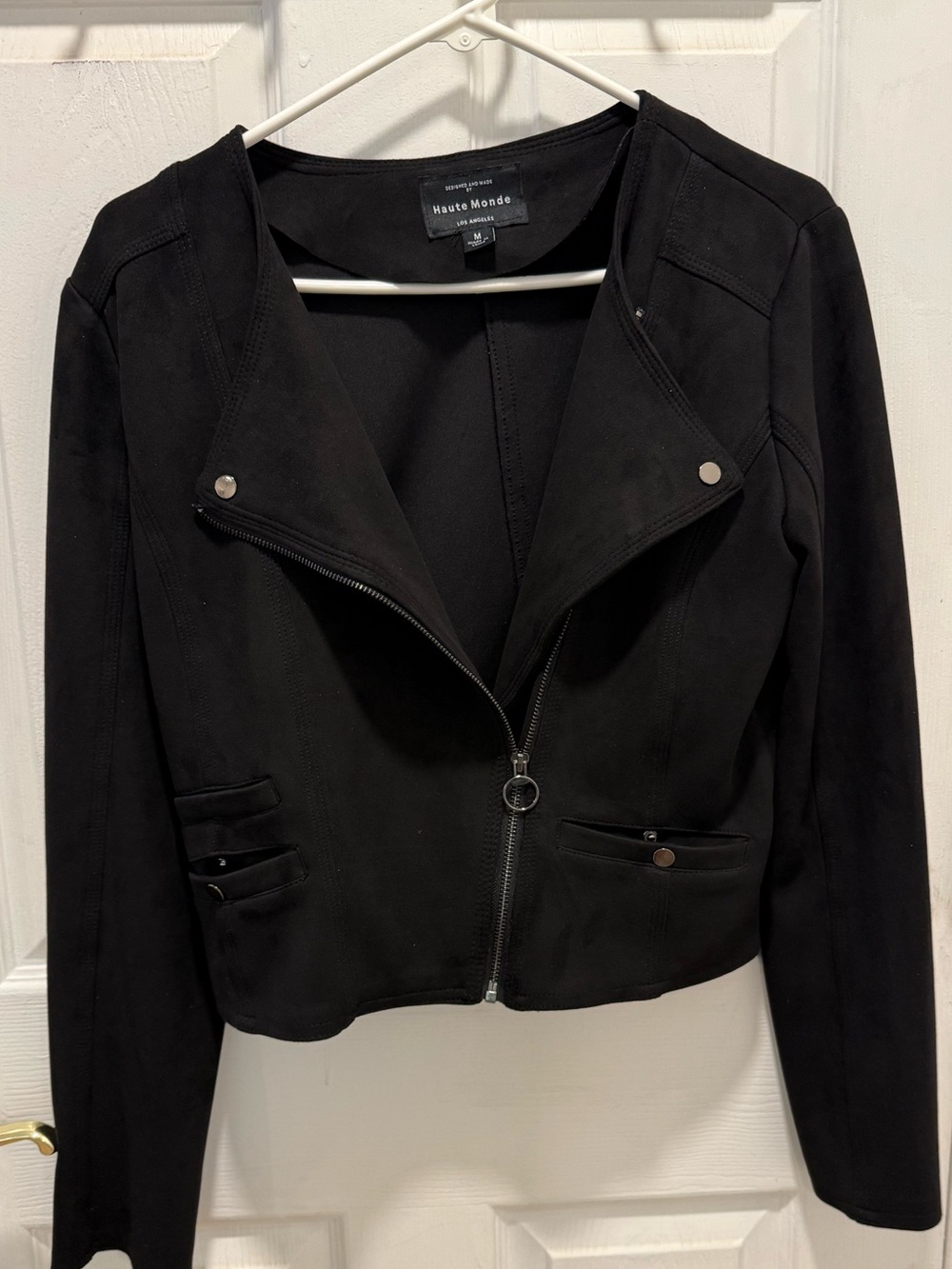 Haute Monde Faux Suede Black Cropped Moto Jacket with Silver Hardware